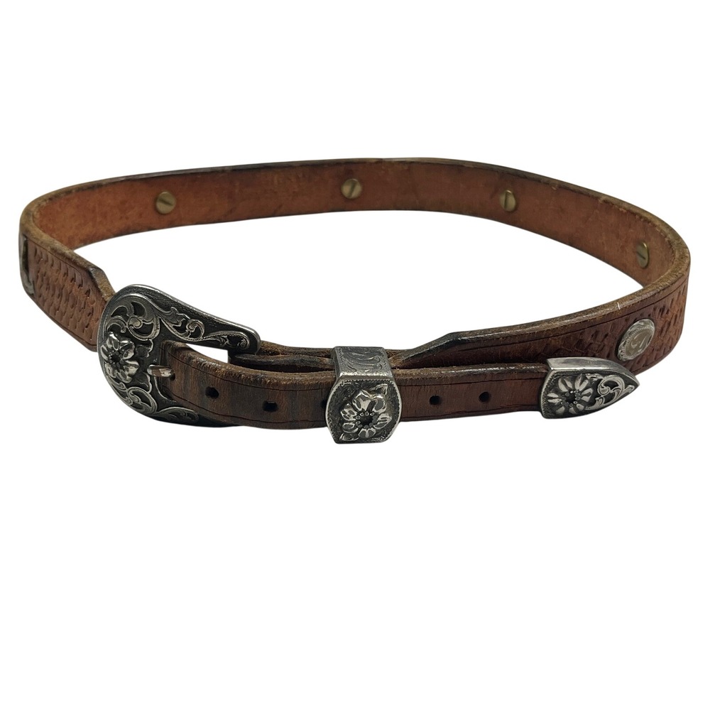 Vintage 1997 Brown Leather Western Basketweave Belt Silver Floral Buckle QL 36"